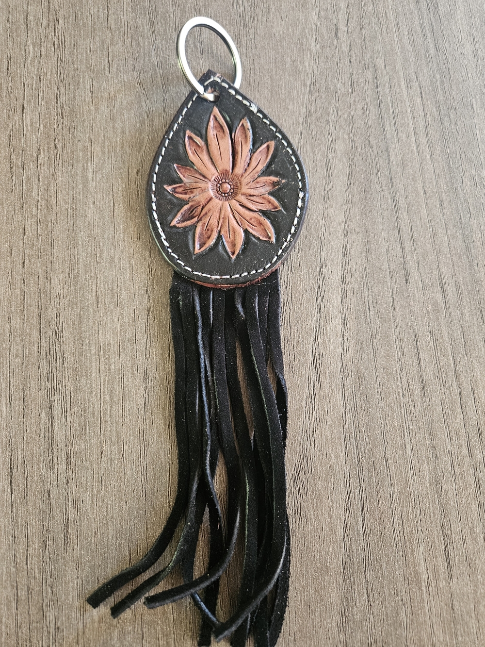 Black Leather Hand Painted With Floral Design With Fringe Keychain-NWOT